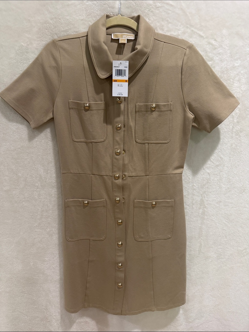 Michael Kors Beige Short Sleeve Button-Front Dress with Gold Buttons